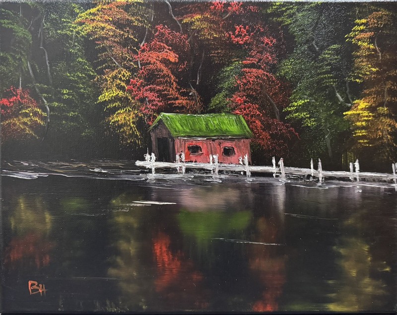 Lake Boat House Fall Colors Water Reflection Original Oil Painting 11×14” Canvas