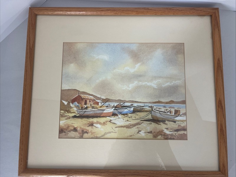 Harbor Scene Painting Boats Sunset Watercolor Framed 14×16” Signed Rose Blum