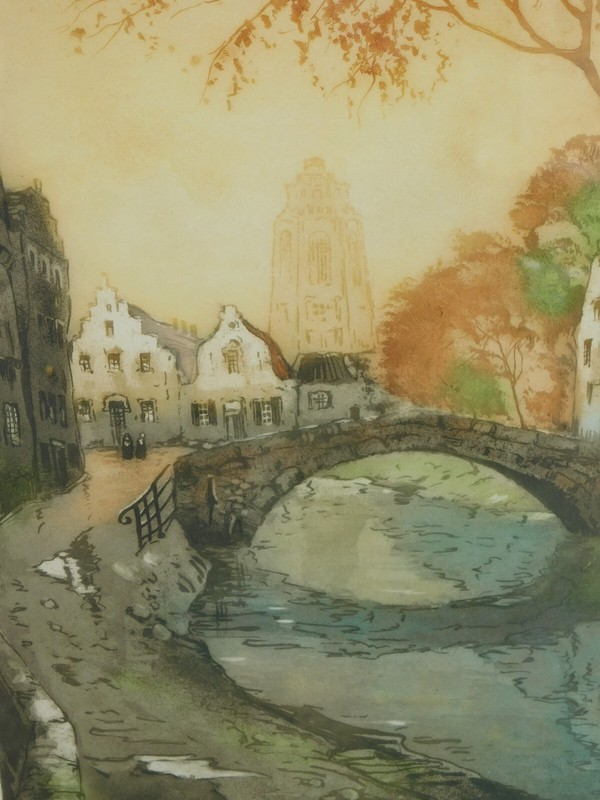 Van Eyck Impressionism Artist Signed Footbridge and Buildings