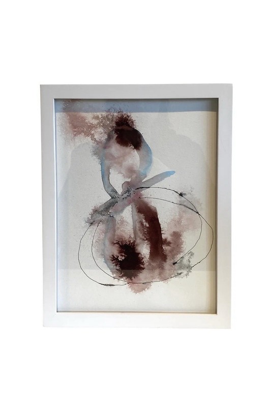 Abstract Ink and Watercolor Mixed Media Painting On Paper Framed Wall Art