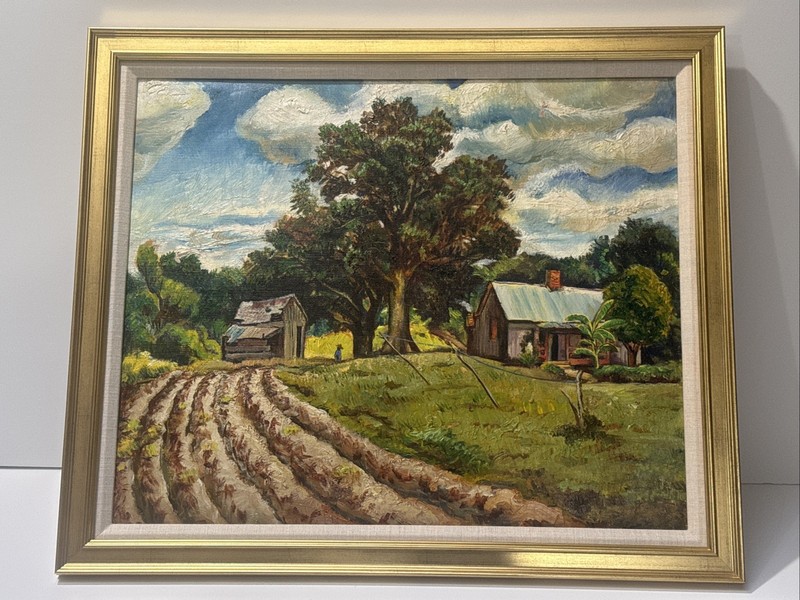 ANTIQUE WPA PAINTING FARM FARMING LANDSCAPE MATENE CAIN 22″ OIL LISTED RARE 1940