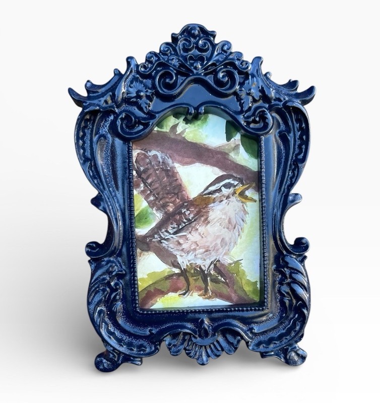 Carolina Wren watercolor mini print of original painting in vintage style frame