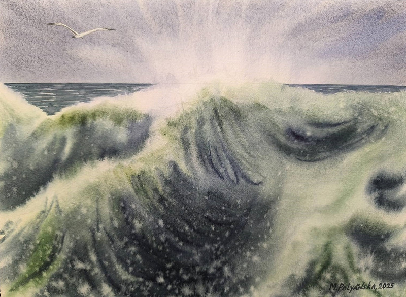 Original Artwork Modern Painting Landscape SKY BIRDS SEA WAVES Seascape Gift A4