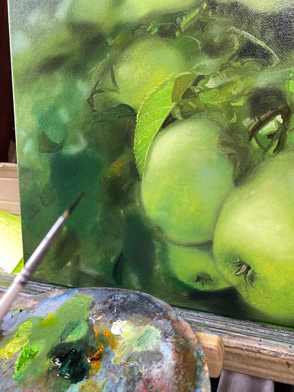 Original oil painting (no frame) 45x35cm "Apples in the garden" Borisenko gallery