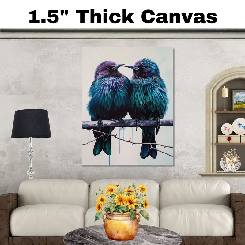 Teal and Purple Bird Pair Art on Backdrop Flat Rolled, Framed or Wrapped Canvas gallery