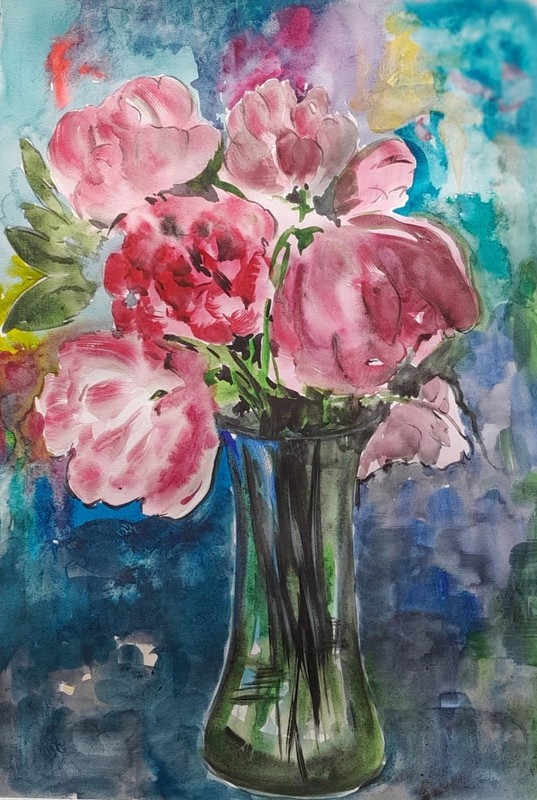 Evening Anemones Pink Floral Watercolor Painting Blue Still Life 11.4×16.5 in