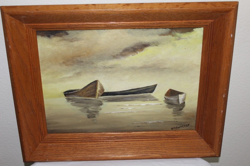 Boats In The Water Oil Painting by R.D SWEEZEY 9×13 Sighted Area 13×17 w/Frame