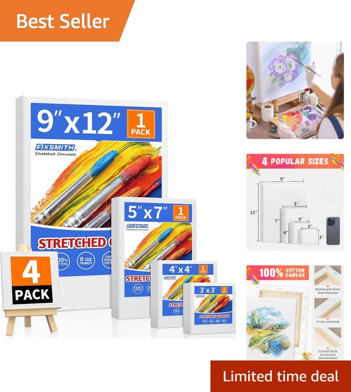 Versatile Pre-Primed Stretched Canvases: Pack of 4 for Fluid & Textured Painting