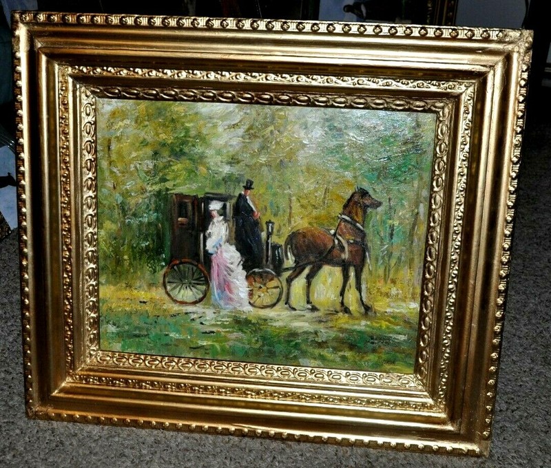 Lovely Antique Impressionistic Formal Carriage Painting By Artist Rossi