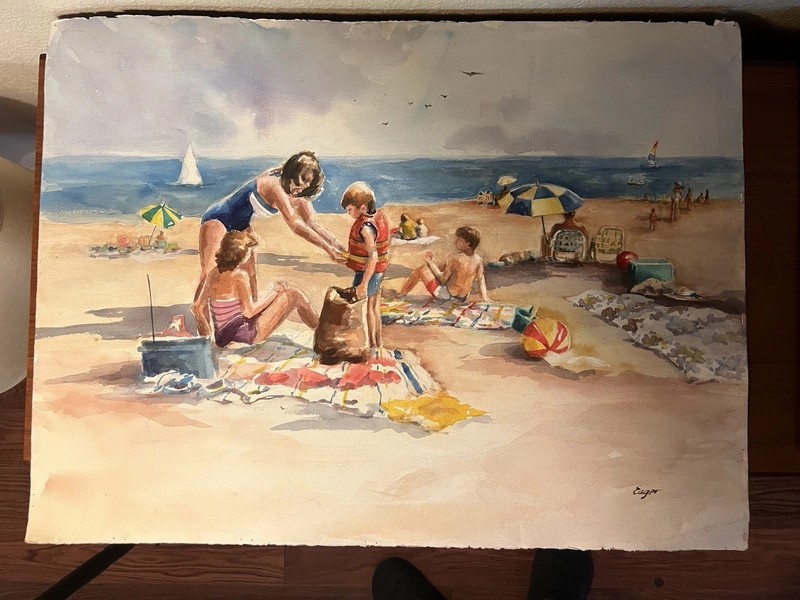 Vintage Original Signed Watercolor Beach Scene Family Children Signed Eager