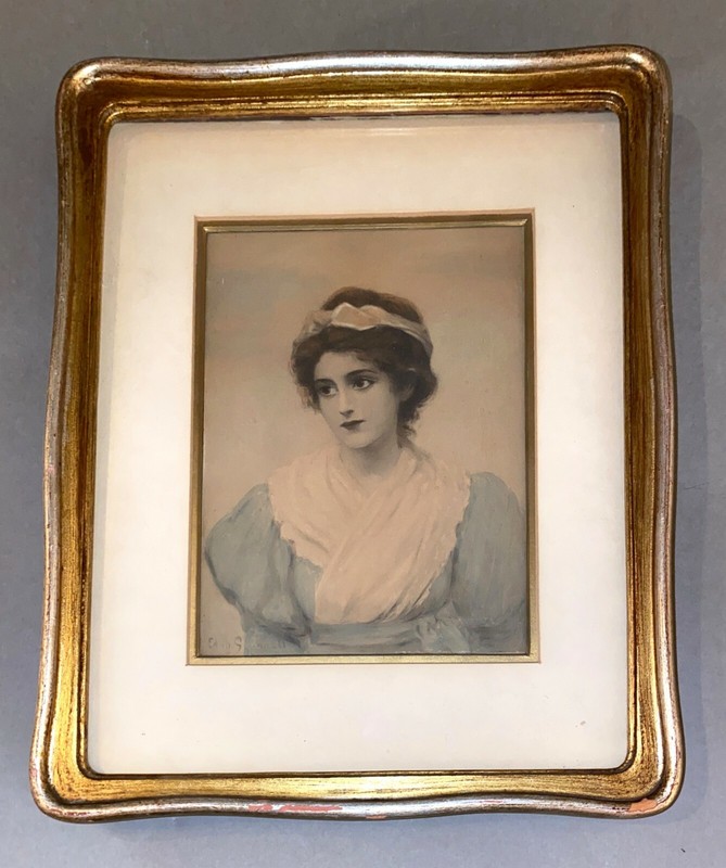 Small Antique Framed Watercolor of Young Beauty in Blue Dress signed Edith ?