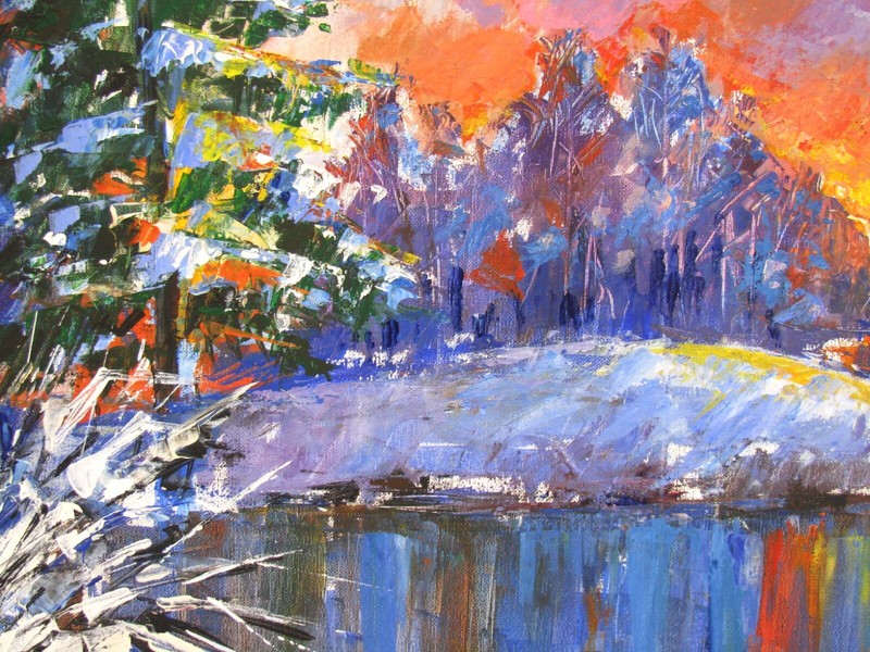Original acrylic painting Winter Landscape Sunset at The Lake wall art gallery