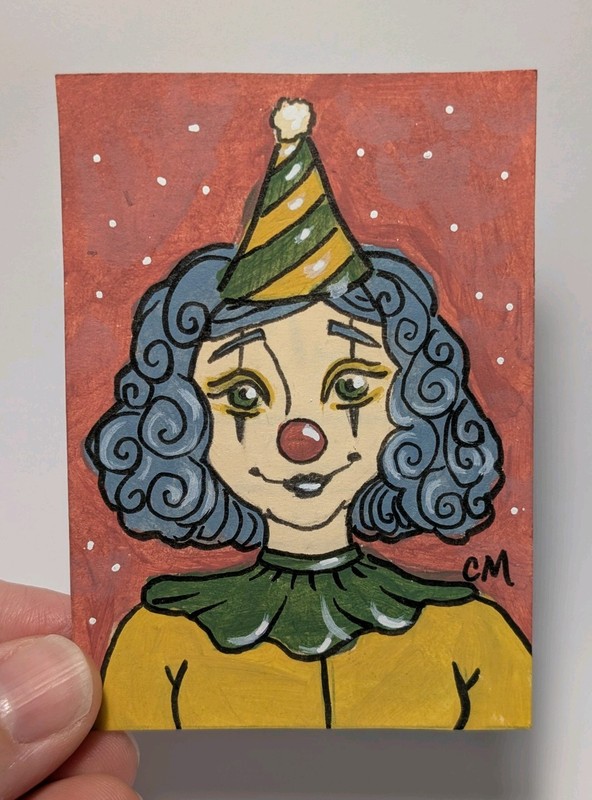 ACEO Original Whimsical Cute Clown Girl Acrylic Painting Hand Painted Art Card