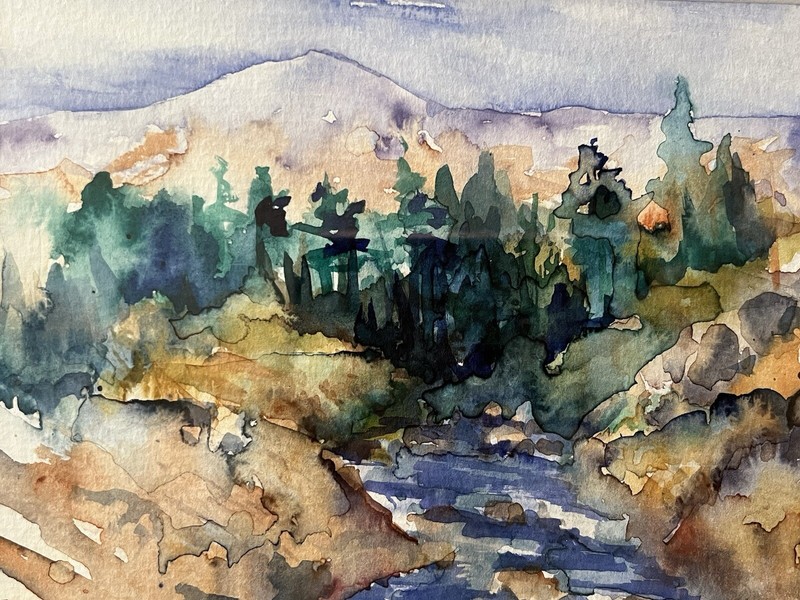 Gorgeous ORIGINAL Semi-Abstract Mountain Forest SIGNED Blue/Green/Taupe FRAMED gallery