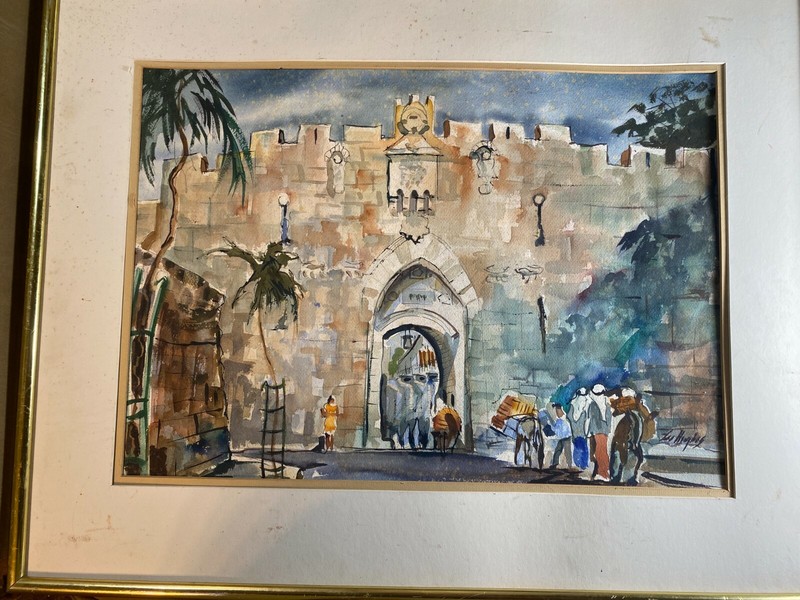 "Figures Entering Walled City Scene" Watercolor Painting - Signed And Framed