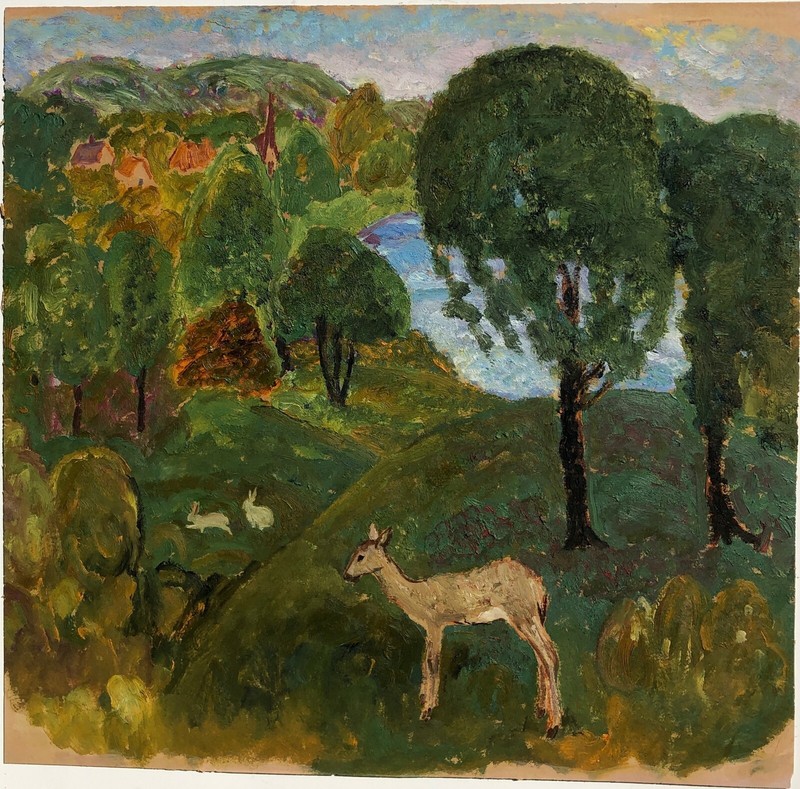 Deer & Rabbits in a Rural Town Land 13 3/4 x 14 Oil Painting-1930s-Amalia Ludwig
