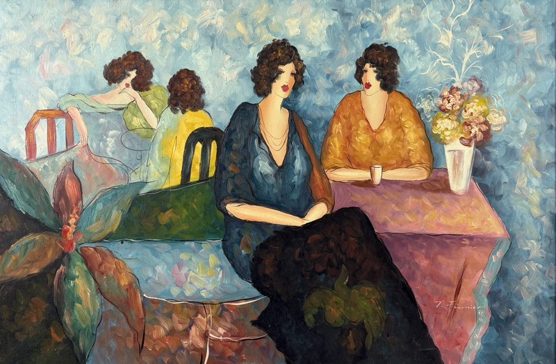 American 20C, T. Fournier, Vintage Oil Painting, Café Scene, Female Figures