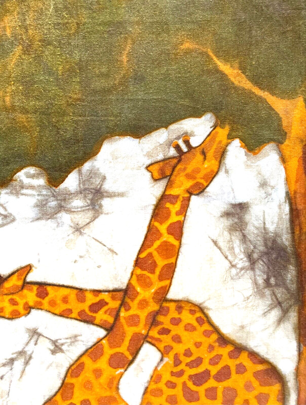 Large Framed Matted African Batik Two Giraffes Eating Tree Leaves 41"T X 21" W gallery