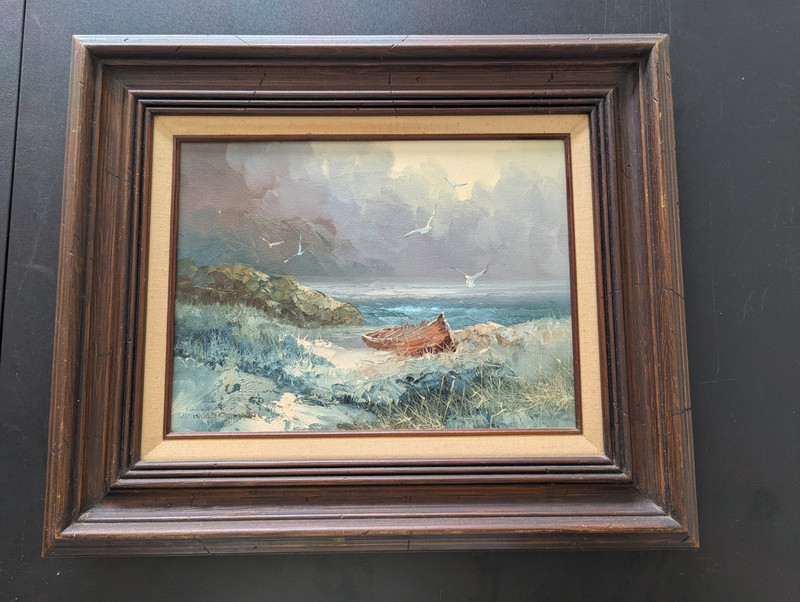 Vintage Framed Karl Neumann Signed Oil Painting Stranded Boat Seascape 20×24