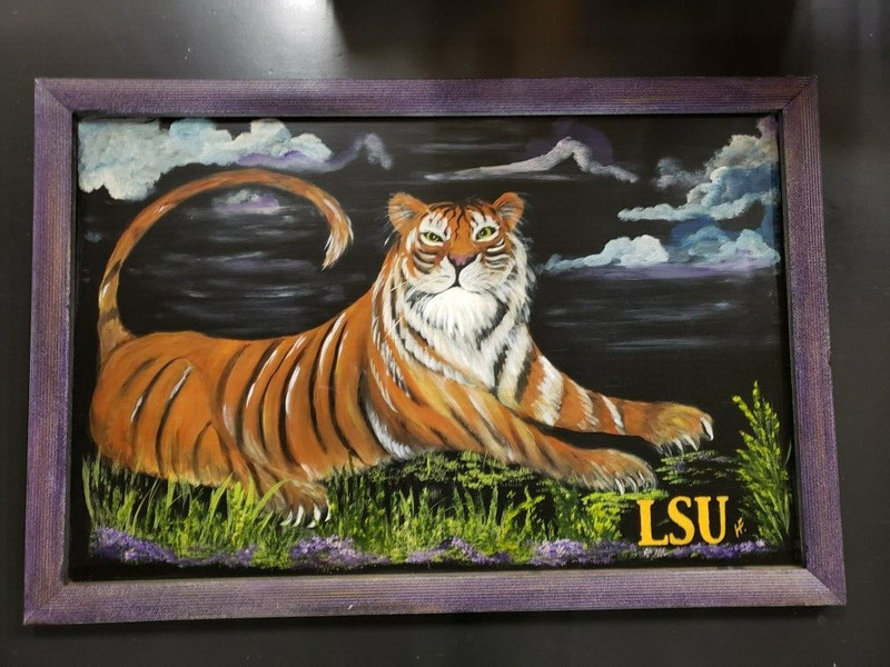 Wood Framed LSU Tigers Mike the Tiger Oil on Board Painting Siberian Bengal