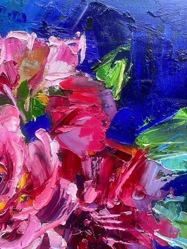 Floral Pink and Red Roses Flowers in a Glass Vase Oil Painting Canvas 20x16 Inch gallery