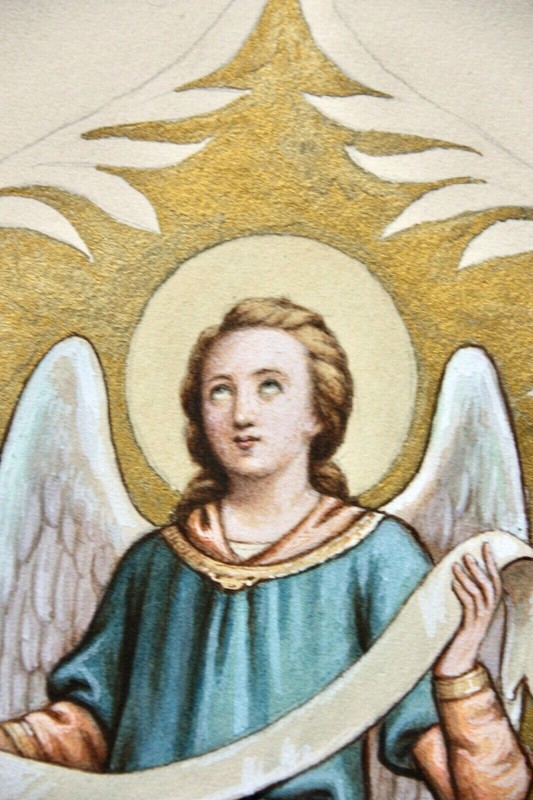 Angel with ribbon against gold background in ornamental cartridge, gouache, 19th century gallery