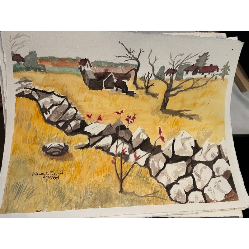 New England Rock Fence 2021 11×15 Warren C Plauche Original Watercolor Painting