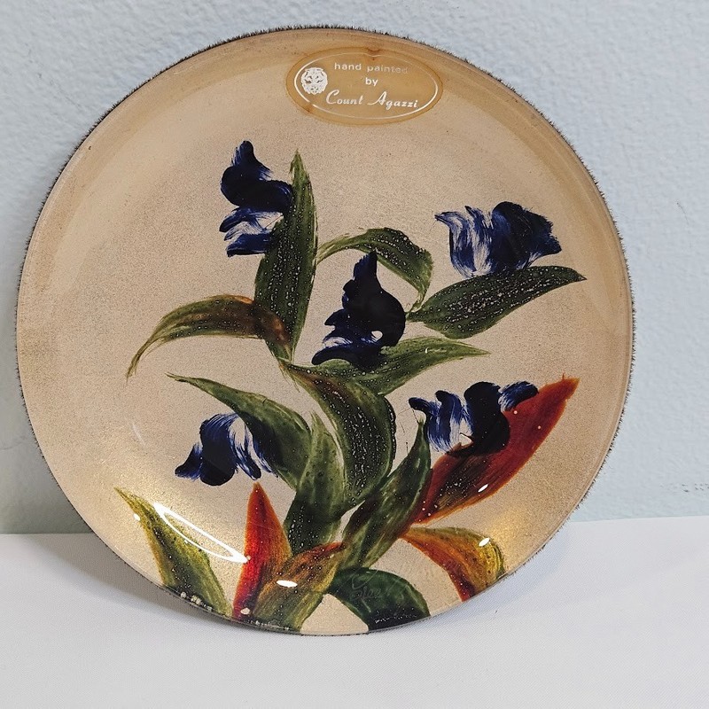 Vintage Count Angelo Agazzi Reverse Glass Foil Art Signed Florals