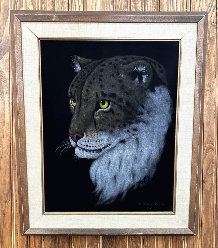 Vintage Velvet Painting 19×23 Framed Signed TA Strawser Snow Leopard Cat 1967