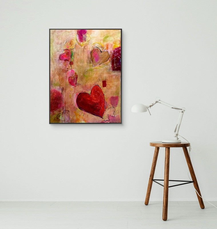 Mary Myers Original Abstract Impressionist «I love you» 20×16 on Cradled Wood