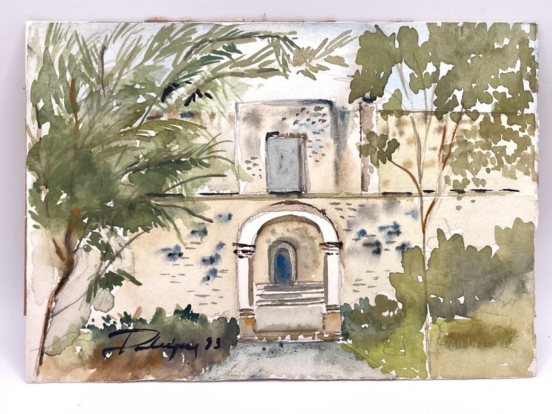 Villa Scene Postcard Sized Original Watercolor On 100% Cotton Signed By Artist