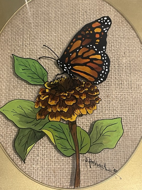 Vintage 1981 Reverse Glass Butterfly Painting Burlap Framed Art Pollock gallery