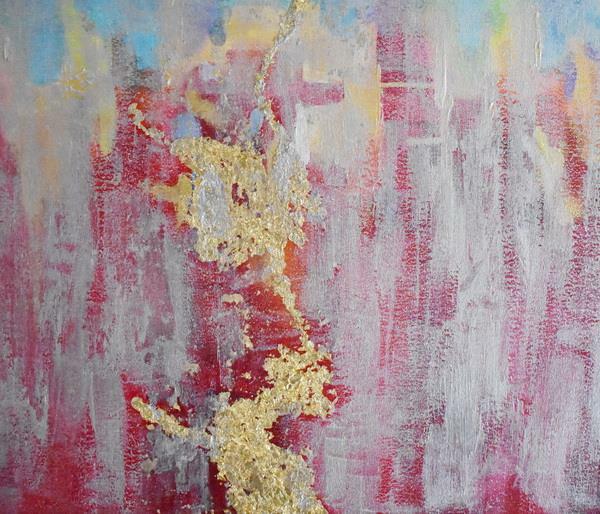 FUN COLORFUL ORIGINAL ABSTRACT OIL PAINTING WITH VERTICAL GOLD LEAF FLAKES VEIN gallery