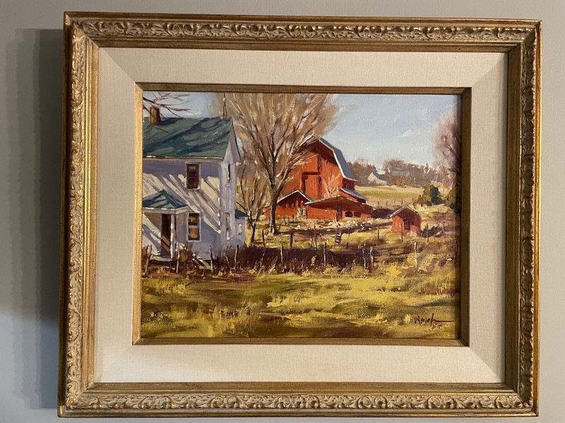 Red, White, and Blue Farm Landscape By Ron Rencher (Oil Painting)
