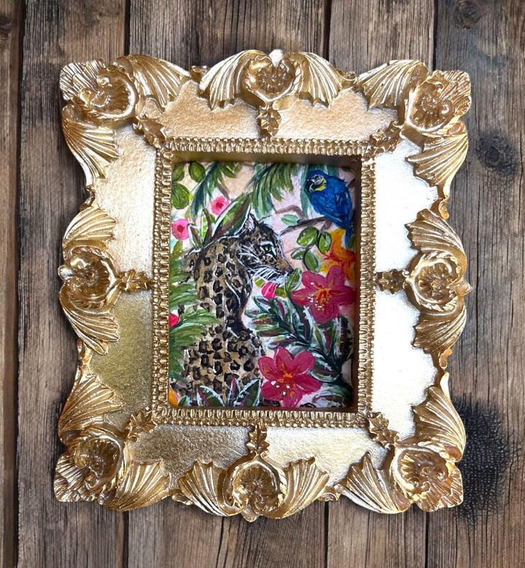 Leopard & Blue Macaw watercolor print in mini gold vintage style ornate frame