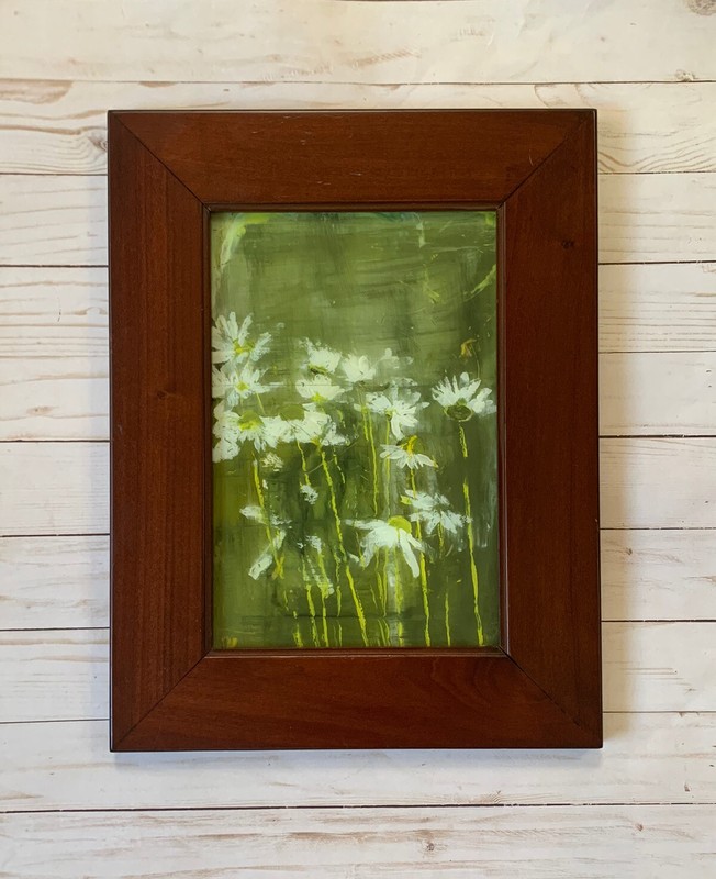 Original Oil Painting Reversed On Glass Floral Still Life Impressionism Daisies