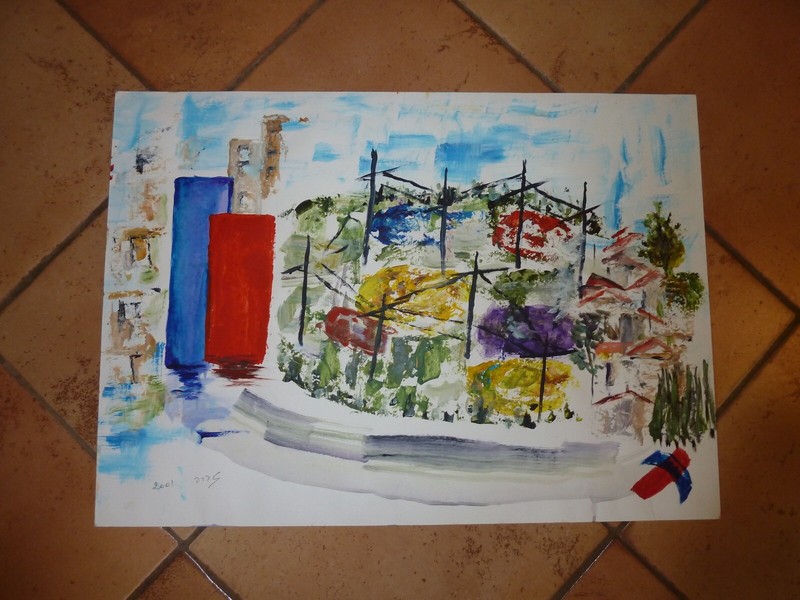 Abstract Modernist Painting Cityscape City on River Signed Asian Artist 