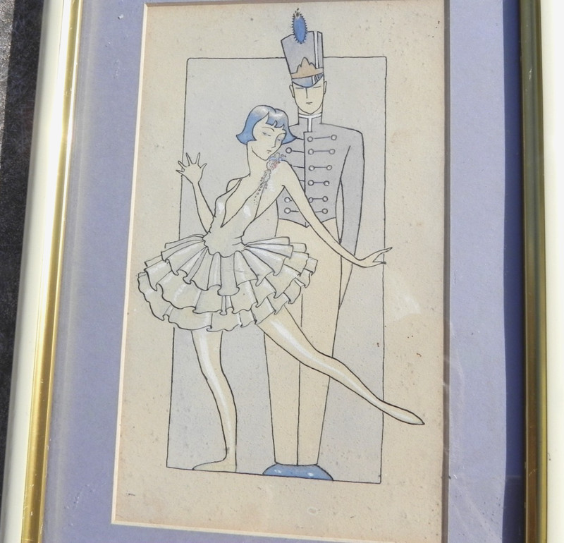 Art Deco era ink & watercolor two sided painting ballerina & cadet figure 1930’s
