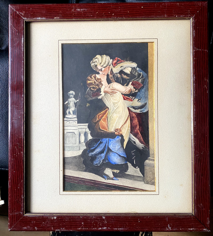 WATERCOLOR GALLANT SCENE BAROQUE DANCE NOBILITY VERSO KAREL STROFF INSCRIBED
