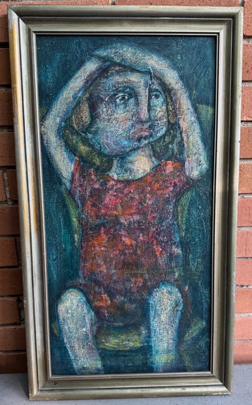 Vintage MCM Figural Seated Oil Painting Mid Century Modern Art Wall Hanging 60s
