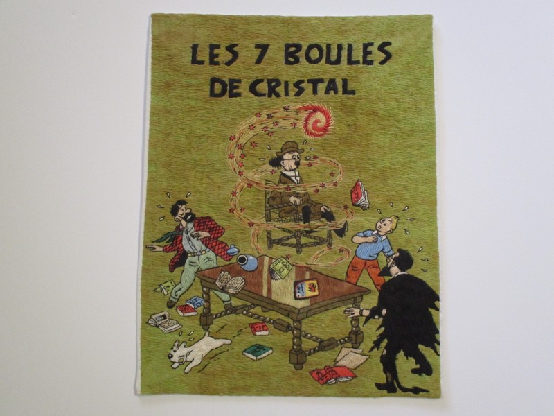 VINTAGE NEEDLEPOINT HAND MADE STITCH LES 7 BOULES DE CRISTAL TINTIN COVER ART