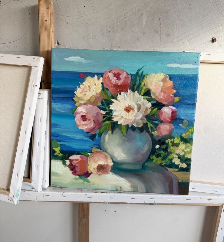 paintings on canvas original «Peonies under the sun” 12x12, oil on canvas gallery