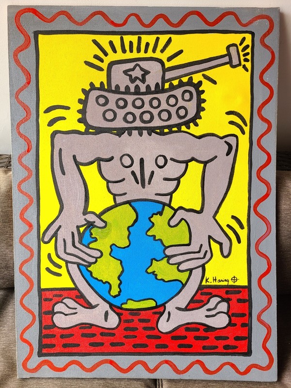 KEITH HARING OIL ON CANVAS PAINTING SIGNED AND SEALED MEASURES 50CM X 70CM