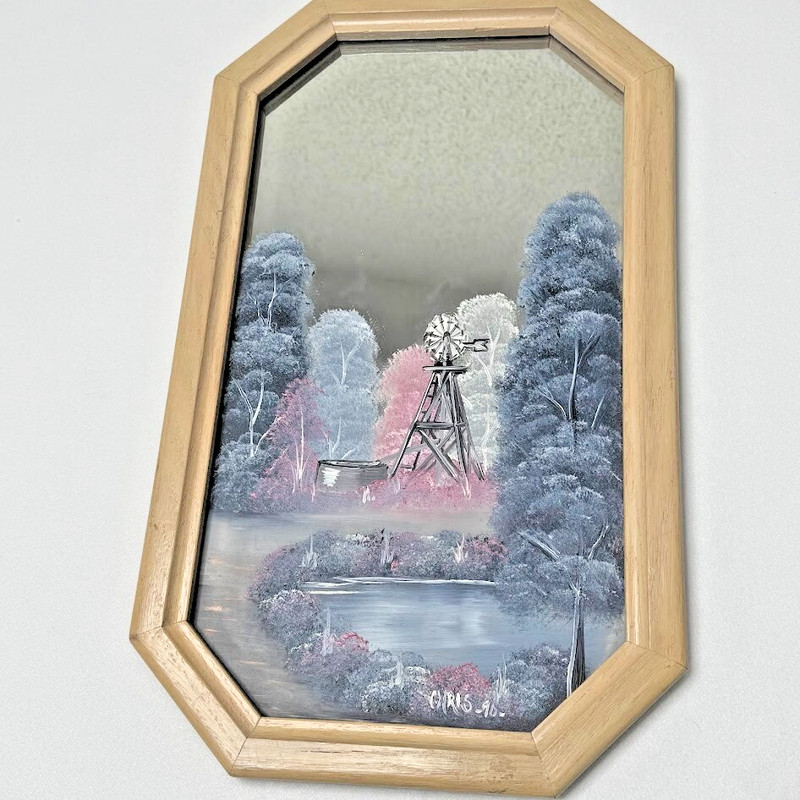 Vintage Original Landscape With Windmill/Trees/ Pond Painted on Mirror Singed