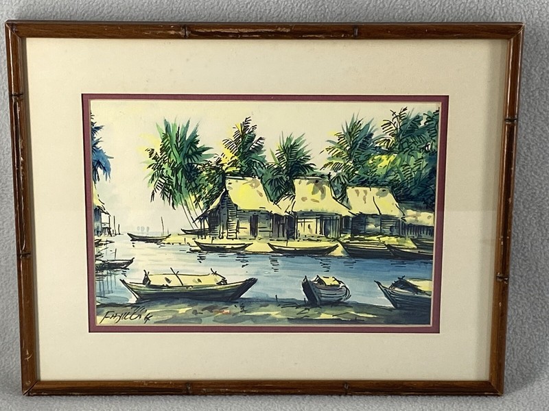 Vintage Asian Landscape Watercolor Boats Huts Palm Trees Signed Framed