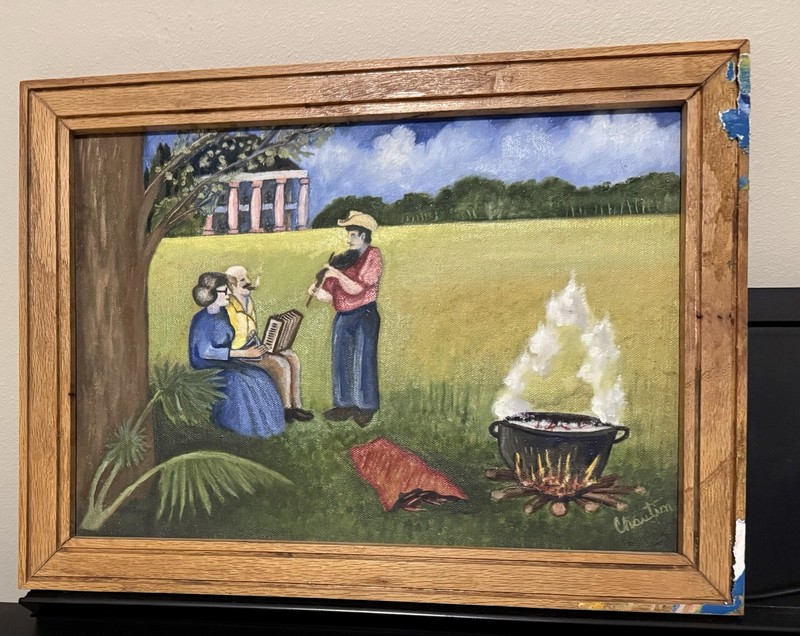 Vintage Louisiana Folk Art Painting “Boiling Pot” — Cajun Bayou Scene