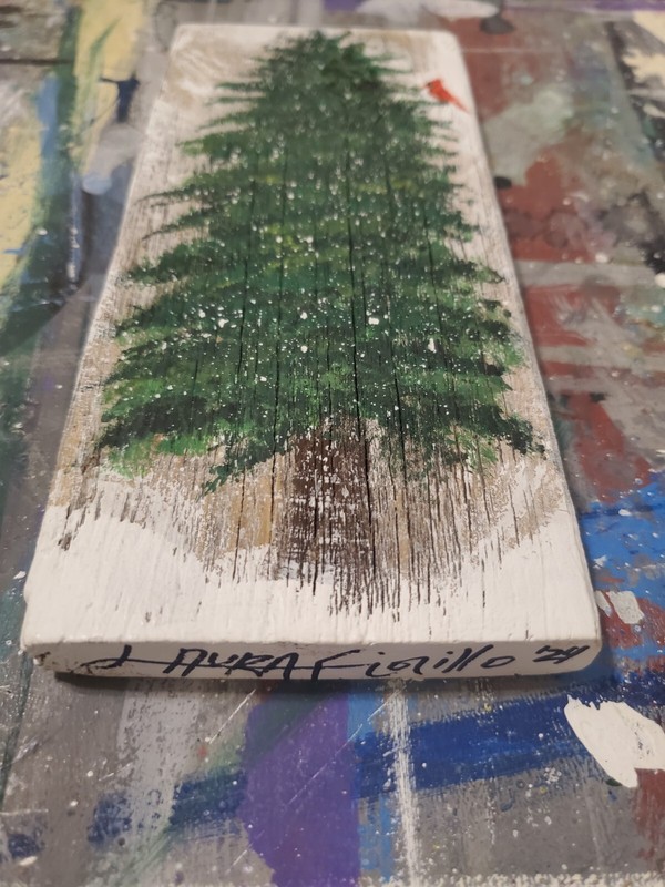 Snowy Pine Tree Red Cardinal Special Visitor Wood painting small gallery