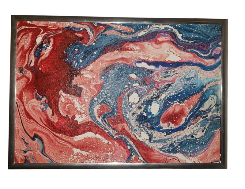 Vintage Abstract Acrylic Pour Painting Blue Red Modern Art