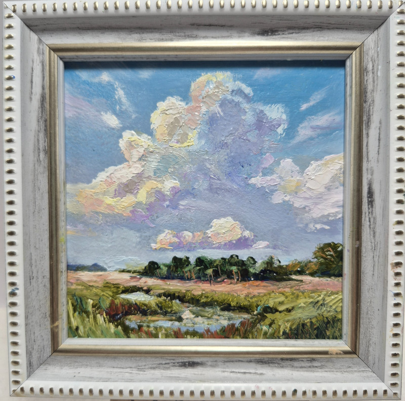 original autographed oil painting framed. Summer landscape. Clouds.4x4in.