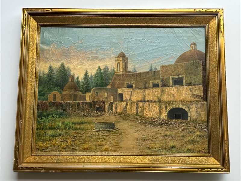 Antique Painting Historic Site Church Mission Landscape Vergara Large As Is Oil